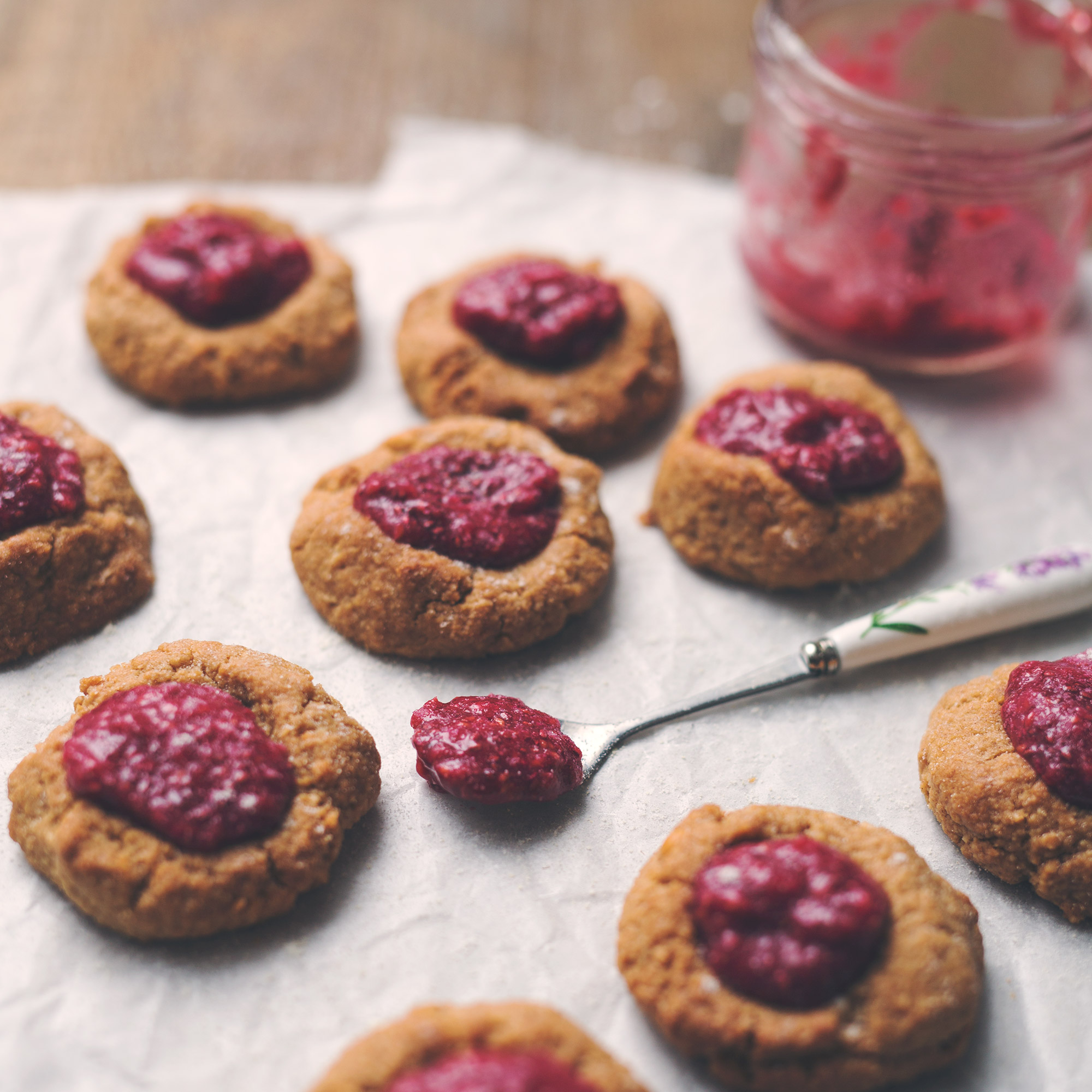 Peanut Butter & Jelly Thumbprint Cookies with Raspberry Chia Jam