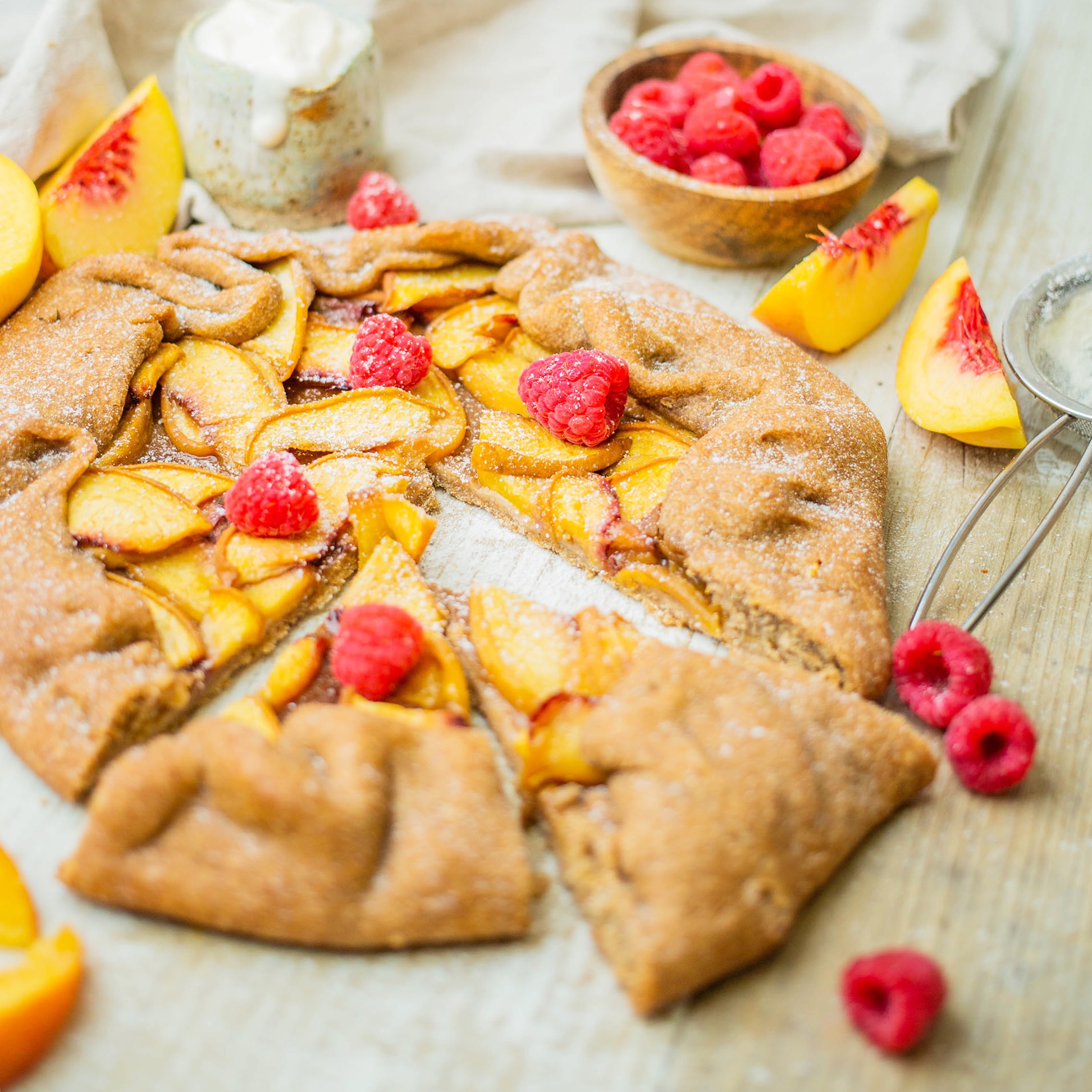 Vegan Peach Gallette with homemade spelt and buckwheat pastry