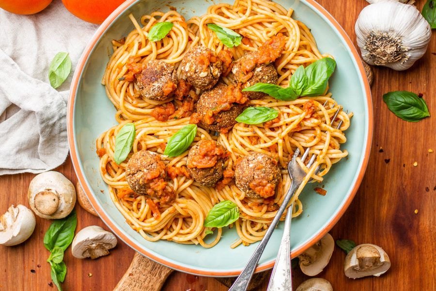 Vegan Spaghetti Meatball Bolognese with Lentil and Walnut Meatballs
