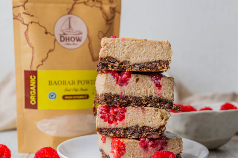 Baobab Fruit Powder for Natural PMS Relief with Vegan Peanut Butter Raspberry Boabab Cheesecake Slice