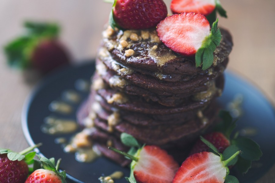 Vegan Chocolate Wholemeal Spelt Pancakes with Peanut Butter Drizzle