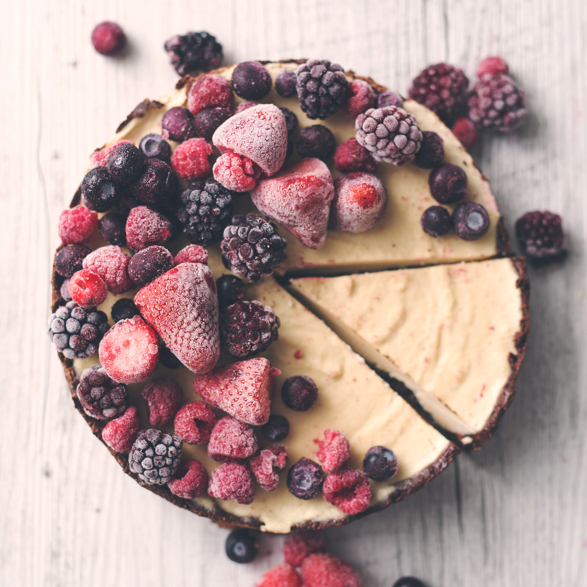Raw Vegan Chocolate and Vanilla Cheesecake with Mixed Berries
