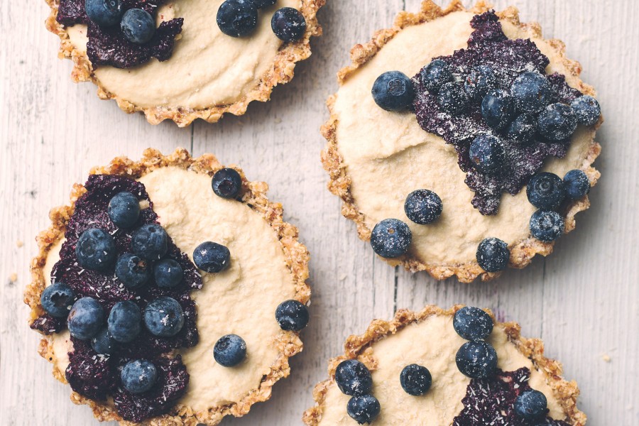 Raw Vegan Blueberry and Lemon Cheesecake Tarts with Blueberry Chia Jam