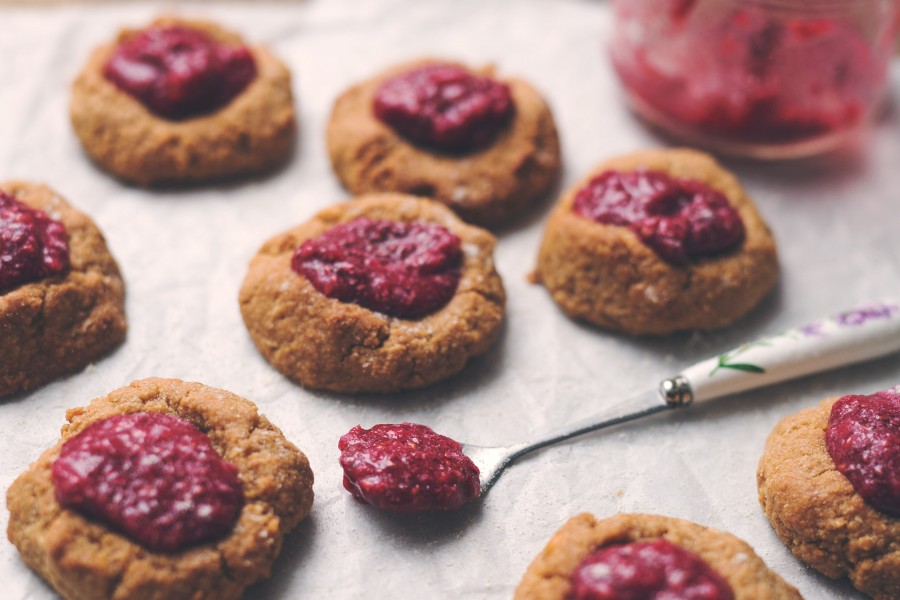 Peanut Butter & Jelly Thumbprint Cookies with Raspberry Chia Jam