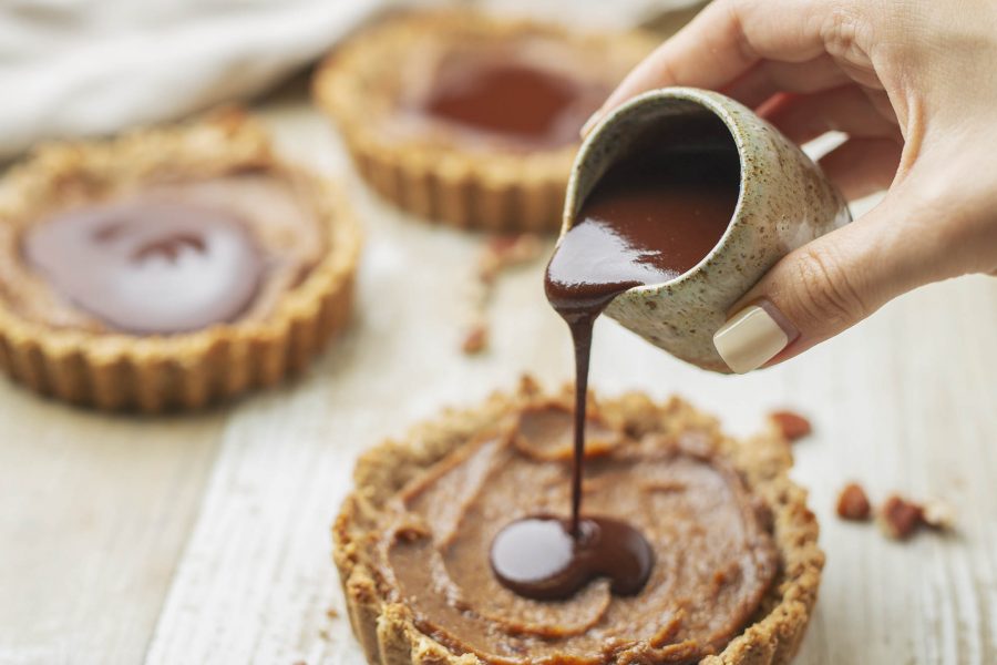 Vegan Refined Sugar Free Pecan Caramel Tarts with Chocolate Sauce