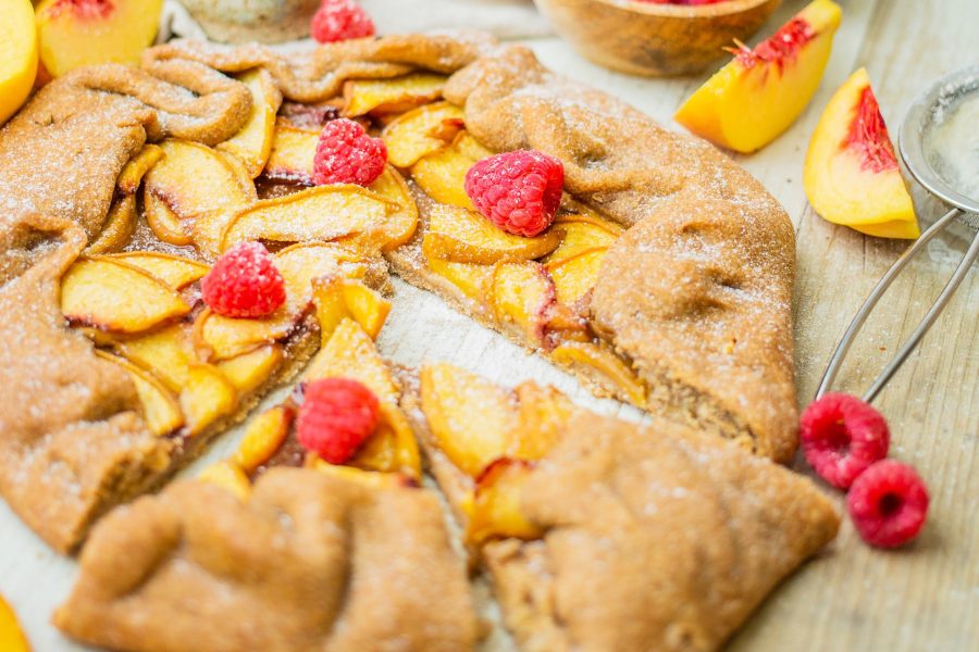 Vegan Peach Gallette with homemade spelt and buckwheat pastry