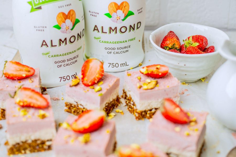 Califia Farms Unsweetened Almond Milk Review with Vegan White Chocolate Strawbery Slice Recipe