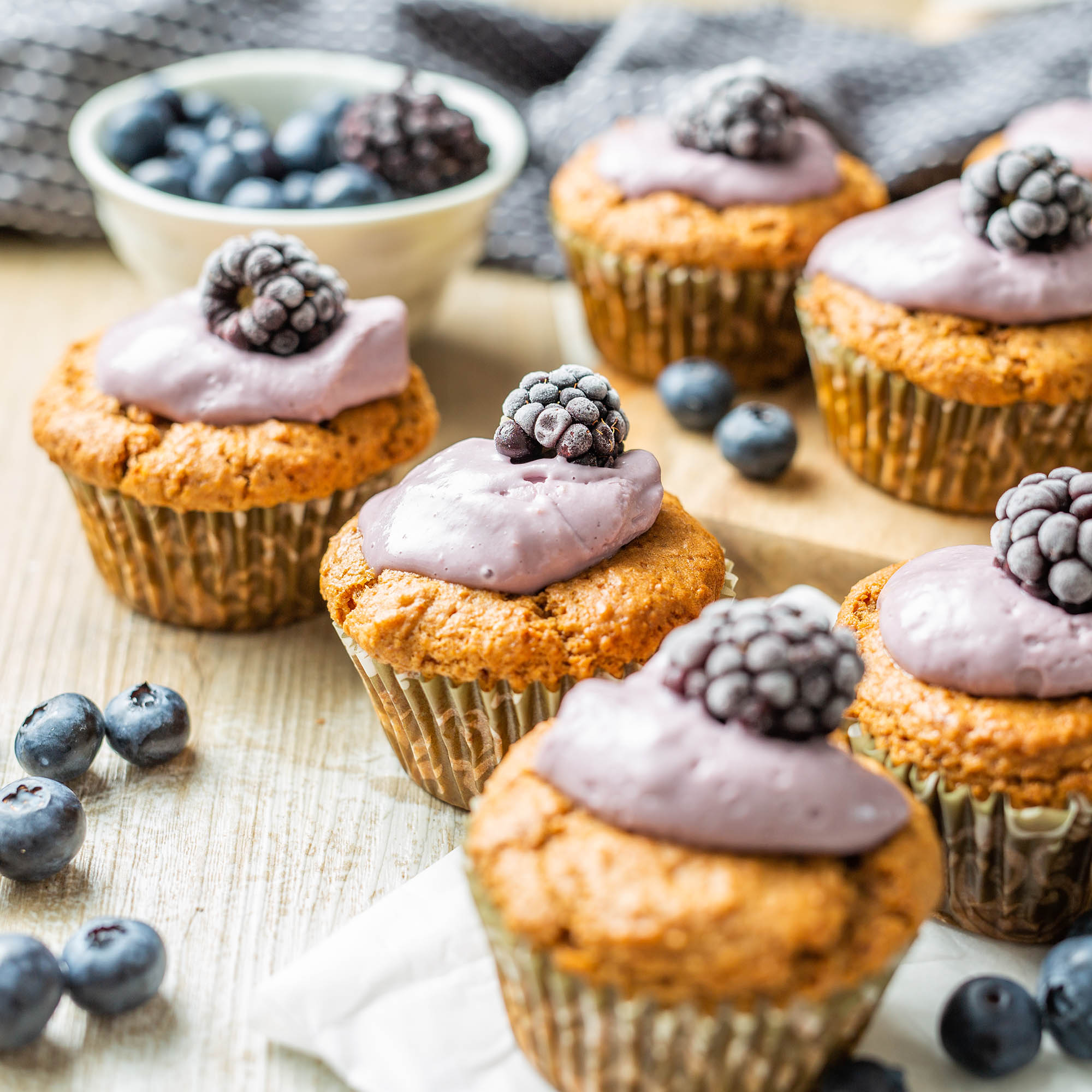Tea Infused Vegan Spelt Muffins with Blackberry Coconut Frosting