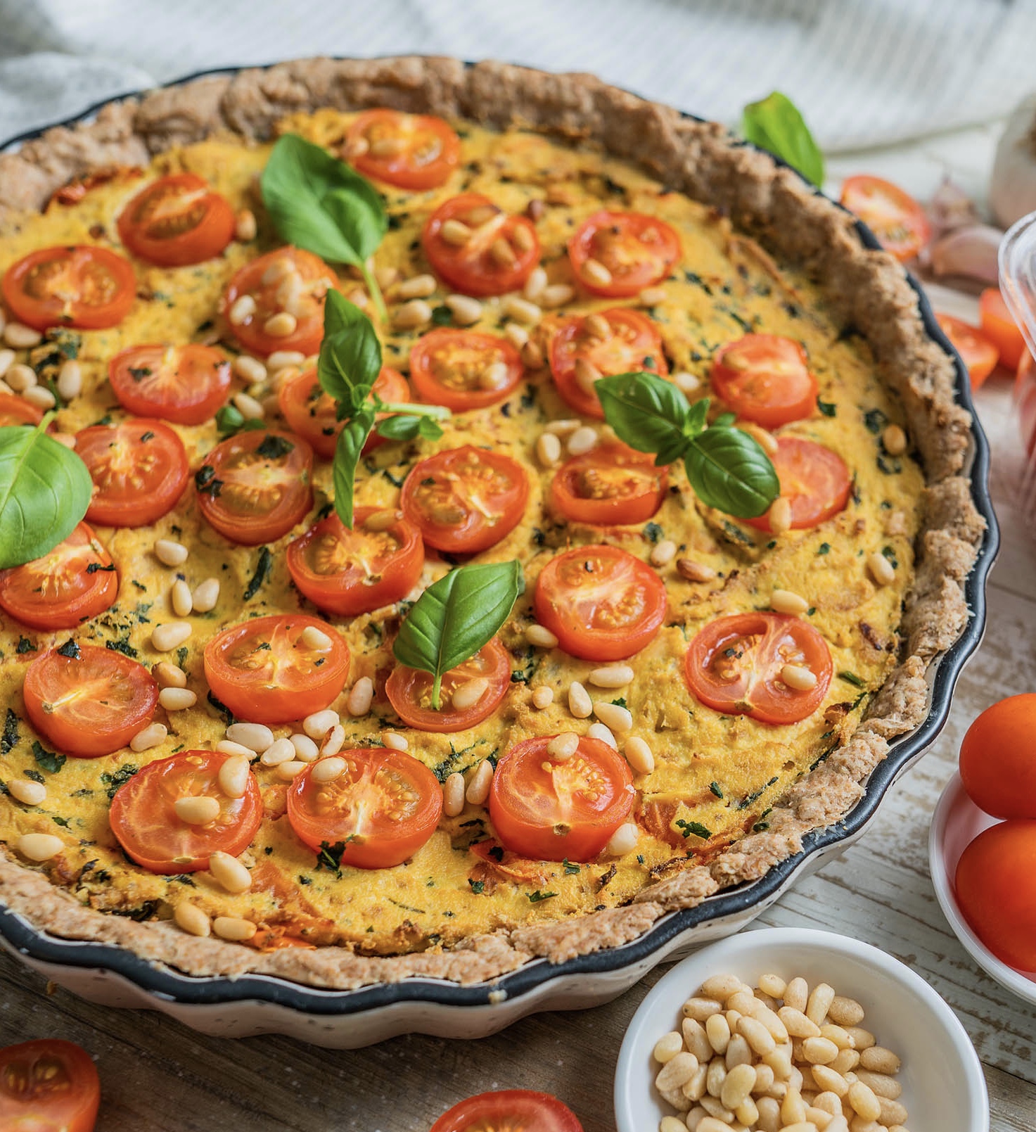 Vegan Tomato and Basil Tofu Quiche with Olive Oil Crust