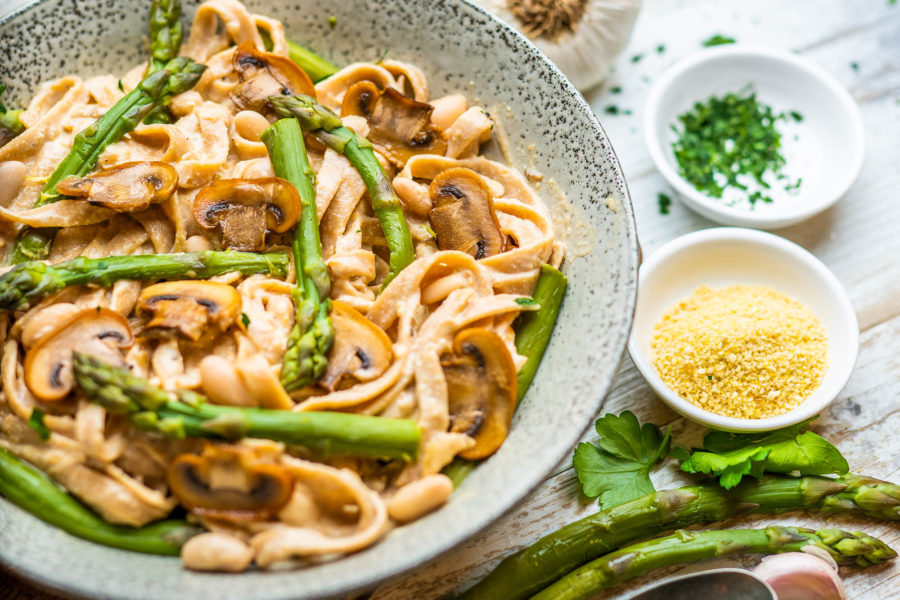 Creamy Vegan Mushroom Pasta with Steamed Greens and White Beans