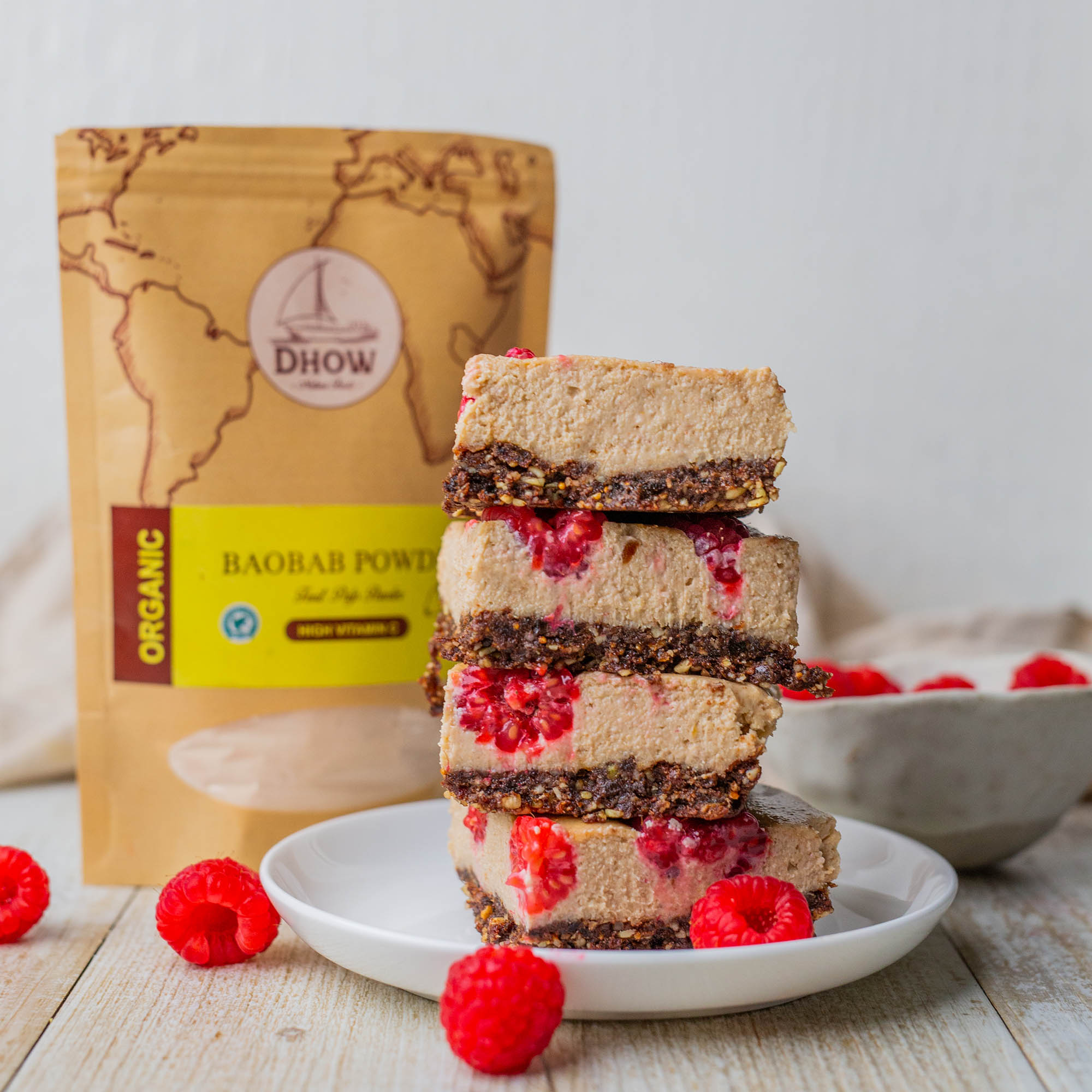 Baobab Fruit Powder for Natural PMS Relief with Vegan Peanut Butter Raspberry Boabab Cheesecake Slice