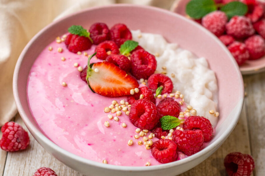 Raspberry Smoothie Rice Pudding Breakfast Bowls with Fancy Plants Vanilla Pud